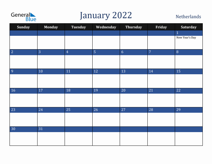 January 2022 The Netherlands Calendar (Sunday Start)