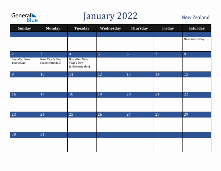 January 2022 New Zealand Calendar (Sunday Start)