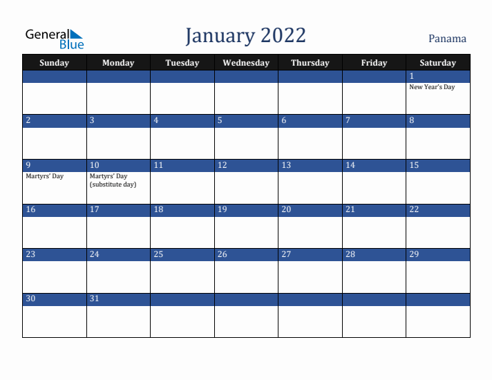 January 2022 Panama Calendar (Sunday Start)