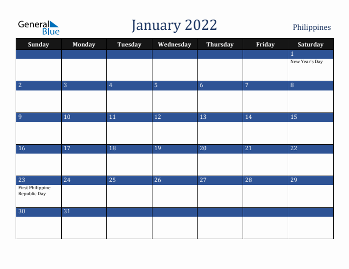 January 2022 Philippines Calendar (Sunday Start)