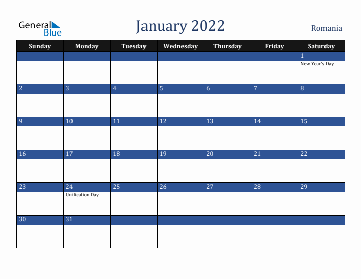 January 2022 Romania Calendar (Sunday Start)