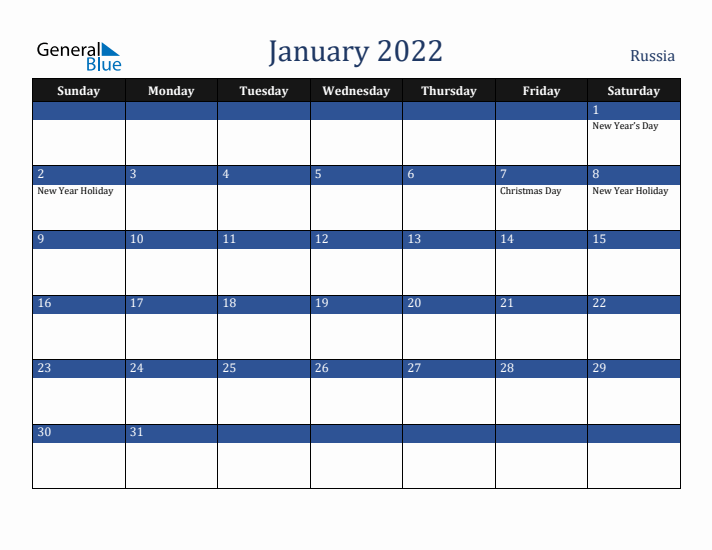 January 2022 Russia Calendar (Sunday Start)