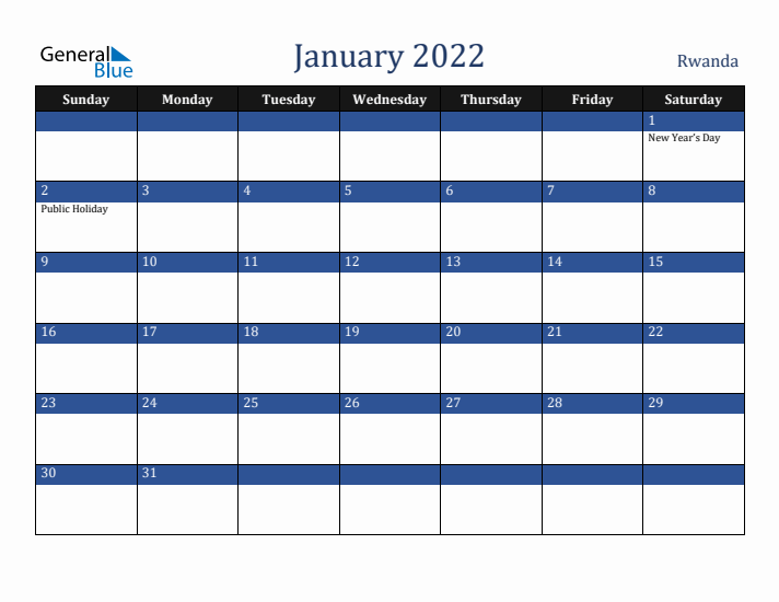 January 2022 Rwanda Calendar (Sunday Start)