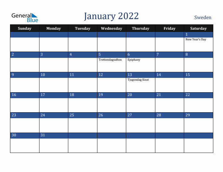 January 2022 Sweden Calendar (Sunday Start)