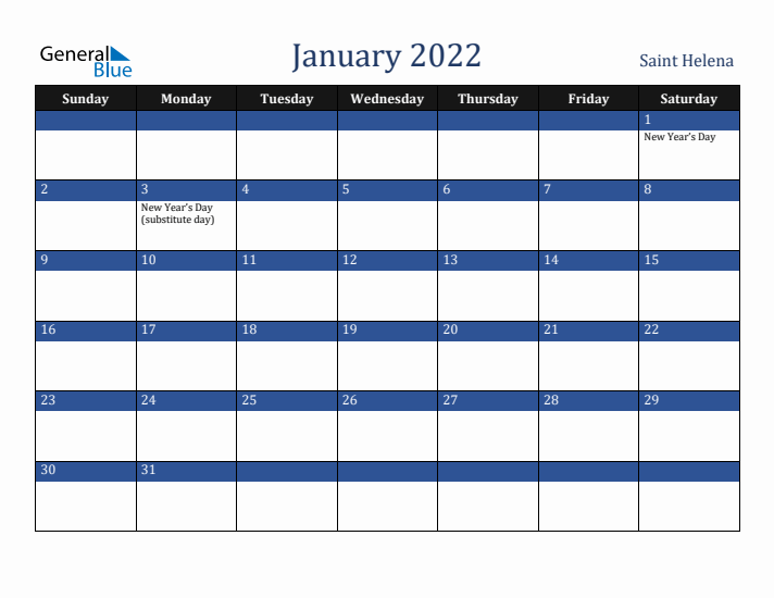 January 2022 Saint Helena Calendar (Sunday Start)