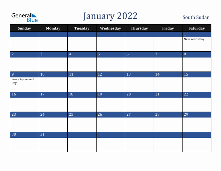 January 2022 South Sudan Calendar (Sunday Start)