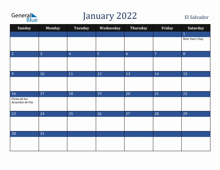 January 2022 El Salvador Calendar (Sunday Start)