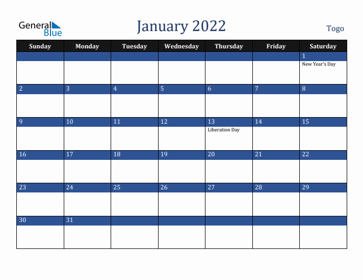 January 2022 Togo Calendar (Sunday Start)