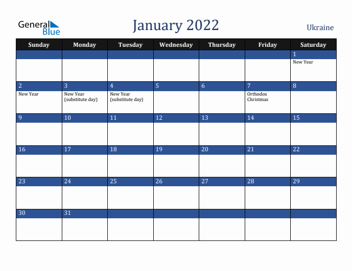 January 2022 Ukraine Calendar (Sunday Start)