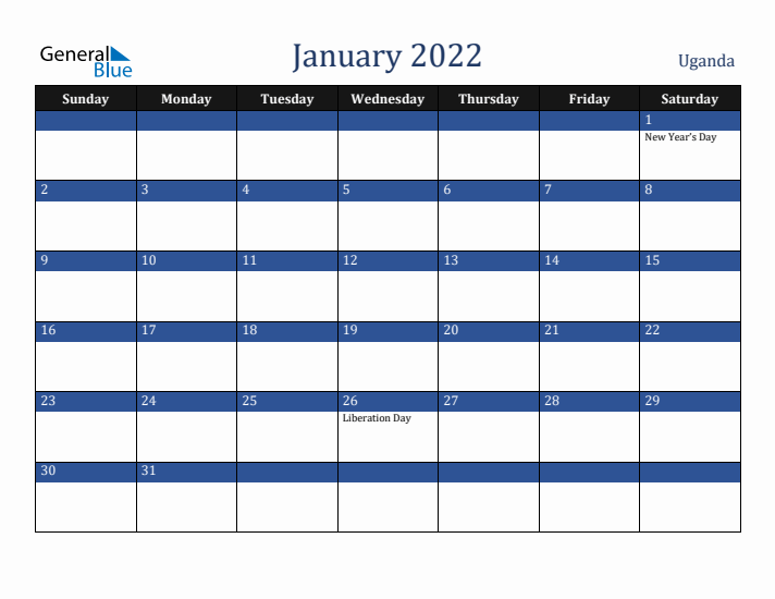 January 2022 Uganda Calendar (Sunday Start)