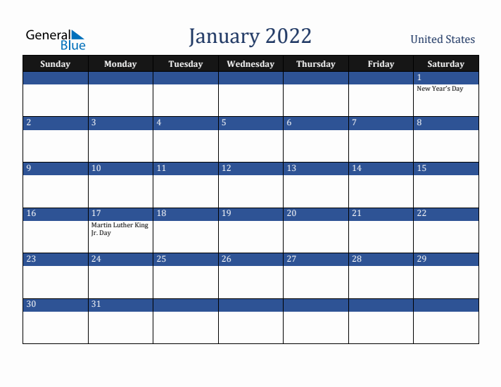 January 2022 United States Calendar (Sunday Start)