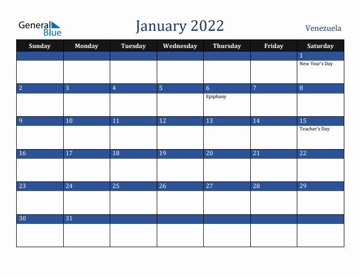 January 2022 Venezuela Calendar (Sunday Start)