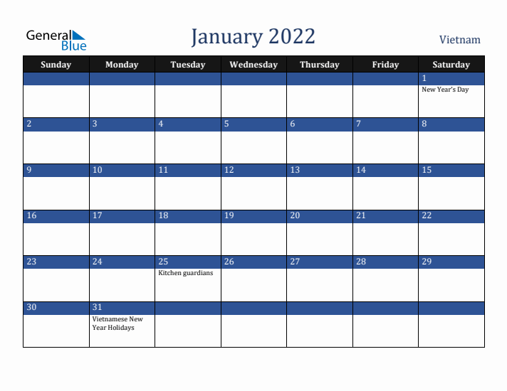 January 2022 Vietnam Calendar (Sunday Start)