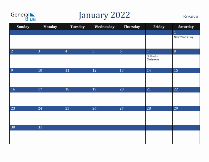 January 2022 Kosovo Calendar (Sunday Start)