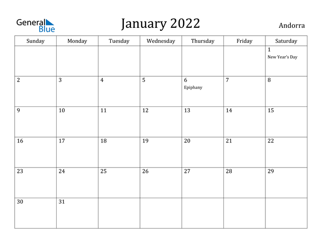 January 2022 Calendar Andorra