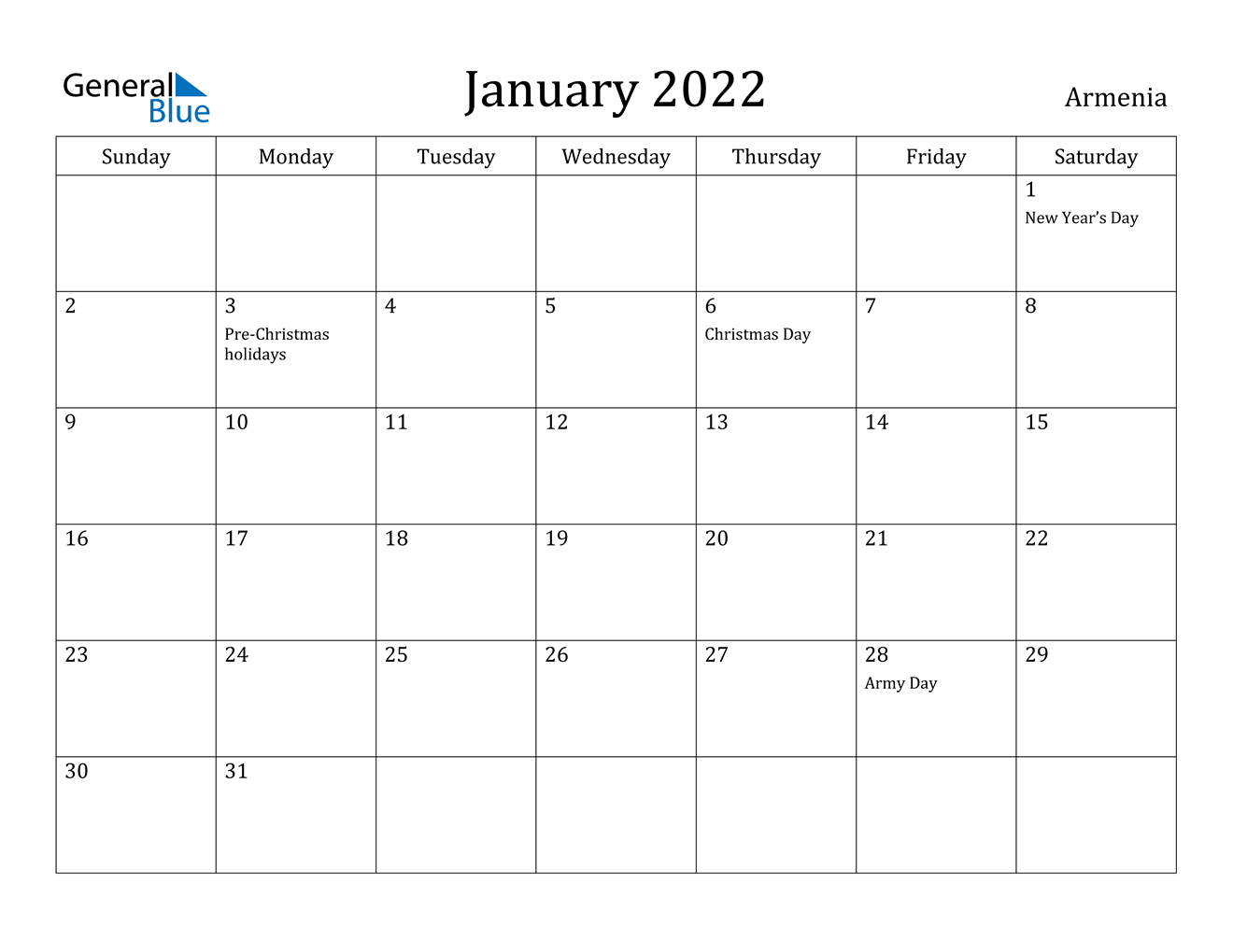 january 2022 calendar armenia