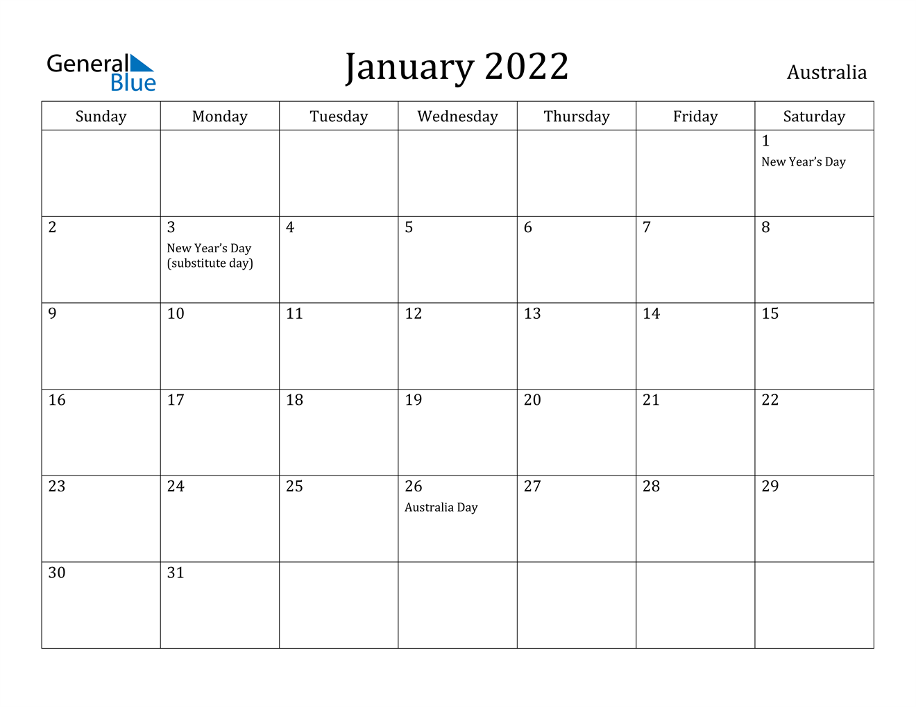 january 2022 calendar australia