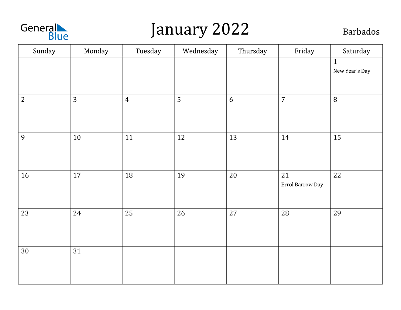 january 2022 calendar barbados