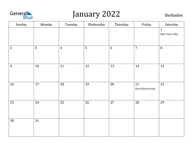 barbados january 2022 calendar with holidays