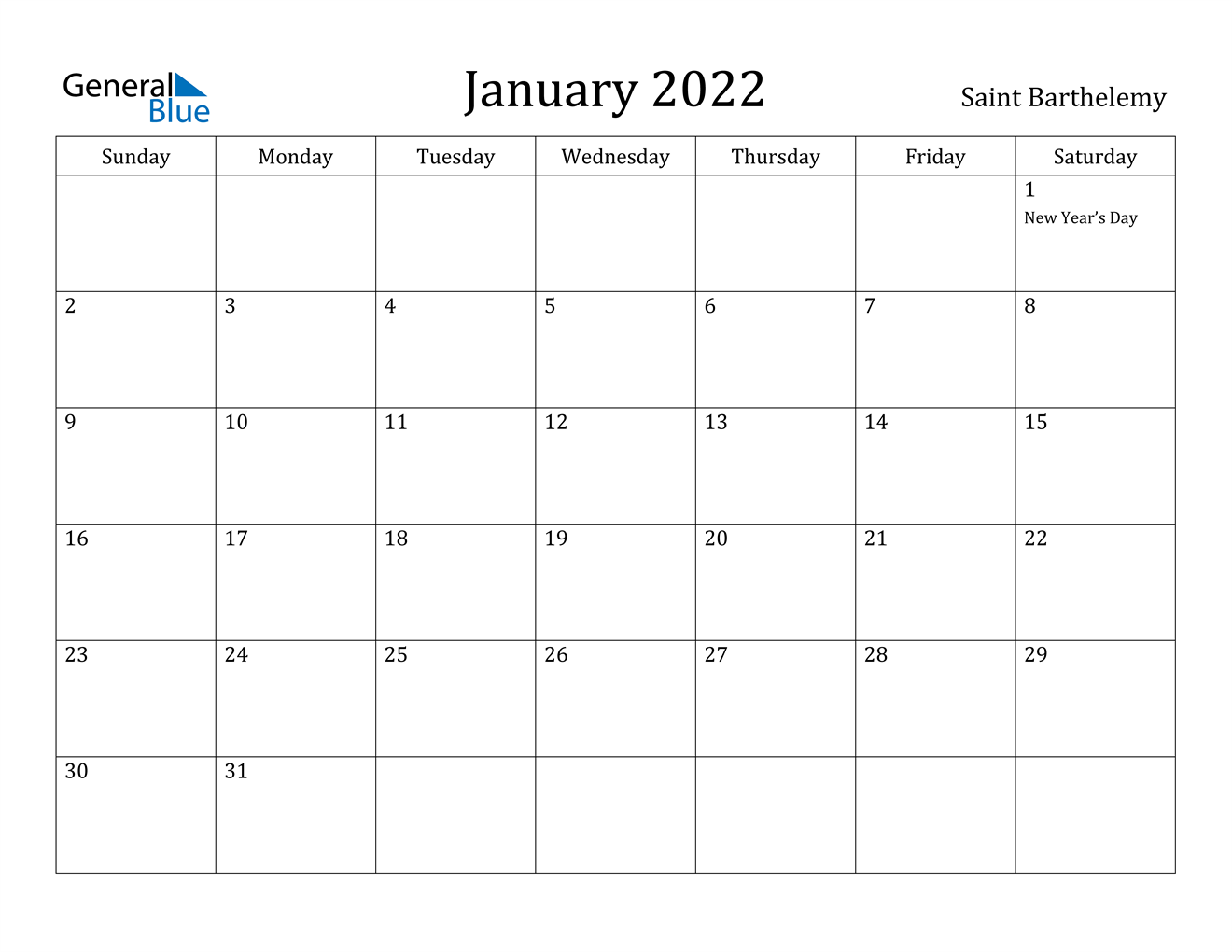 january 2022 calendar saint barthelemy