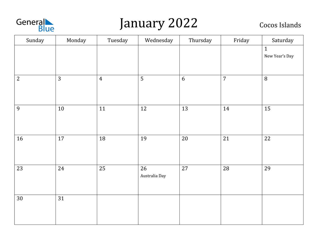 January 2022 Calendar - Cocos Islands
