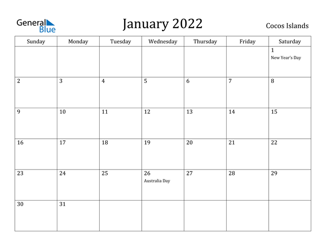 January 2022 Calendar Cocos Islands