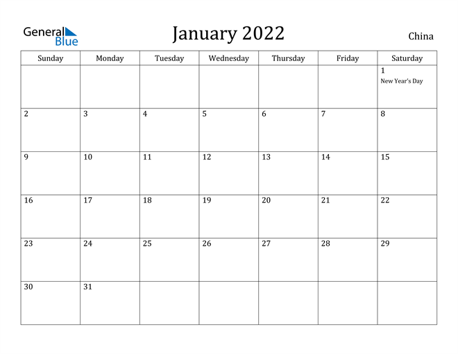 january 2022 calendar china