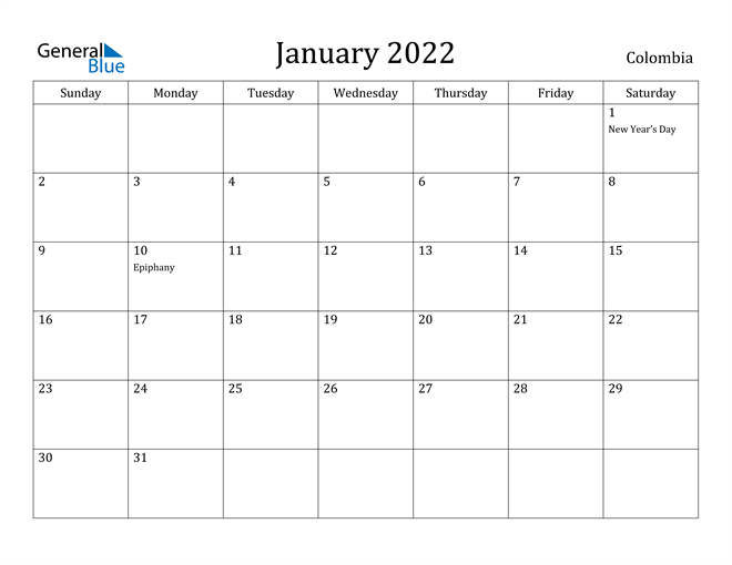 Colombia January 2022 Calendar With Holidays