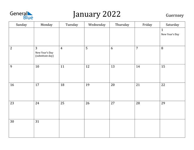 January 2022 Calendar Guernsey