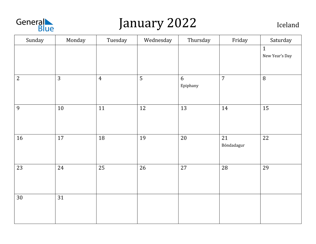 january 2022 calendar iceland