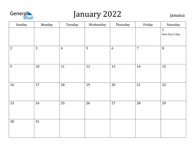 Jamaica January 2022 Calendar With Holidays