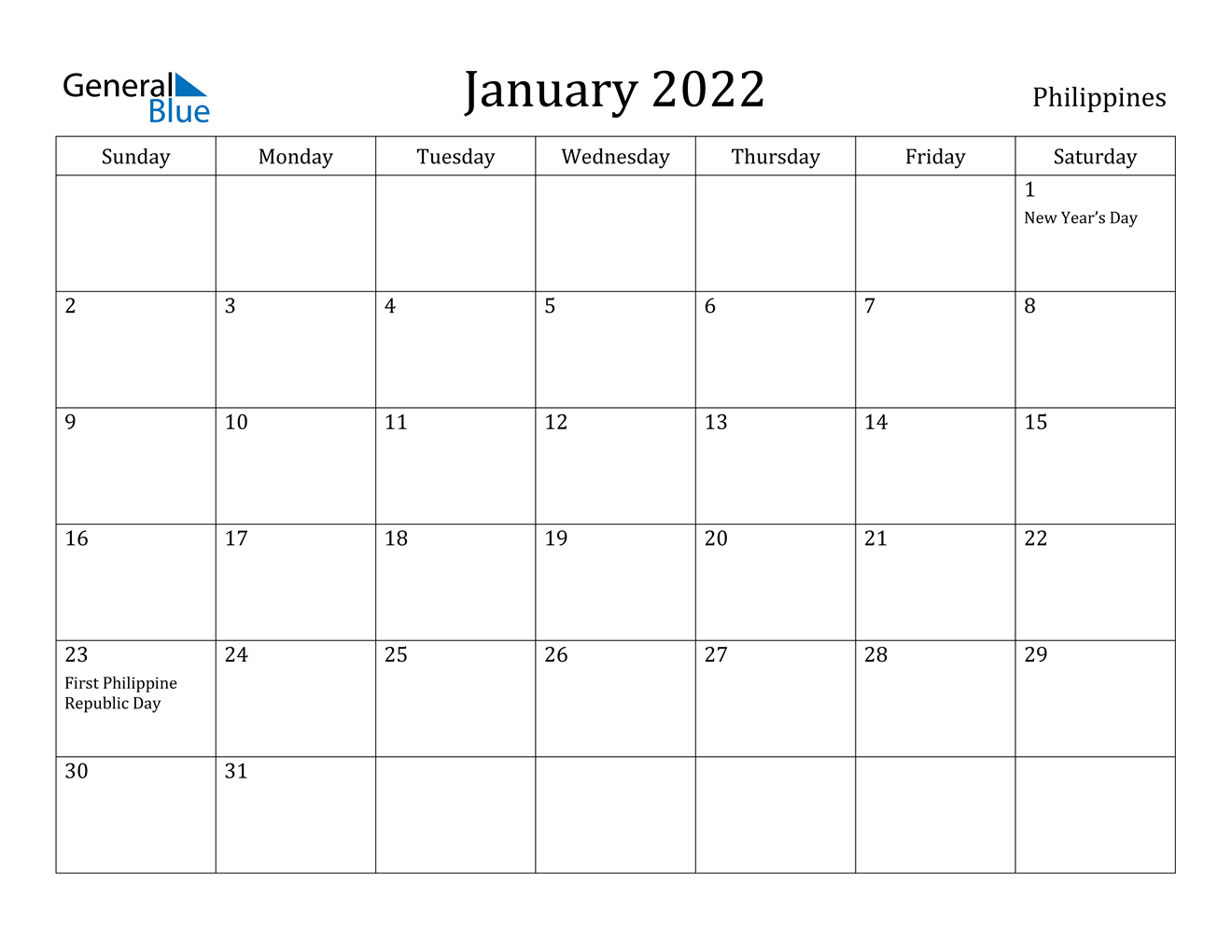 January 2022 Calendar Philippines