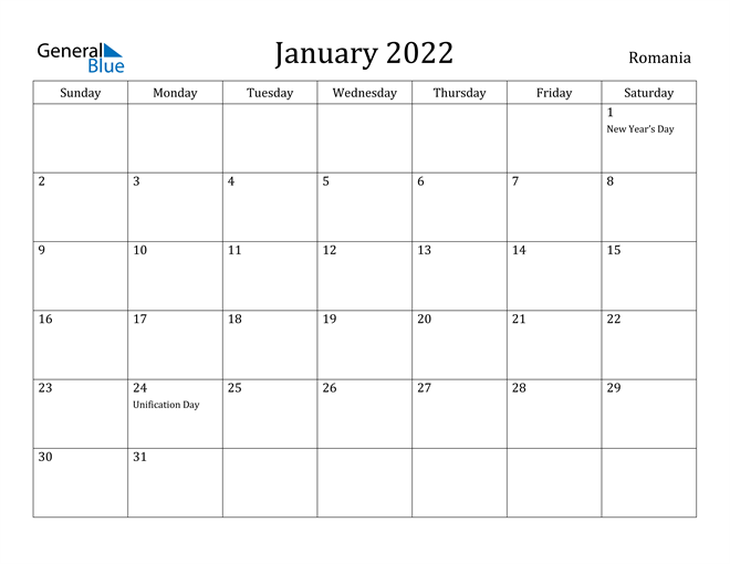 romania january 2022 calendar with holidays