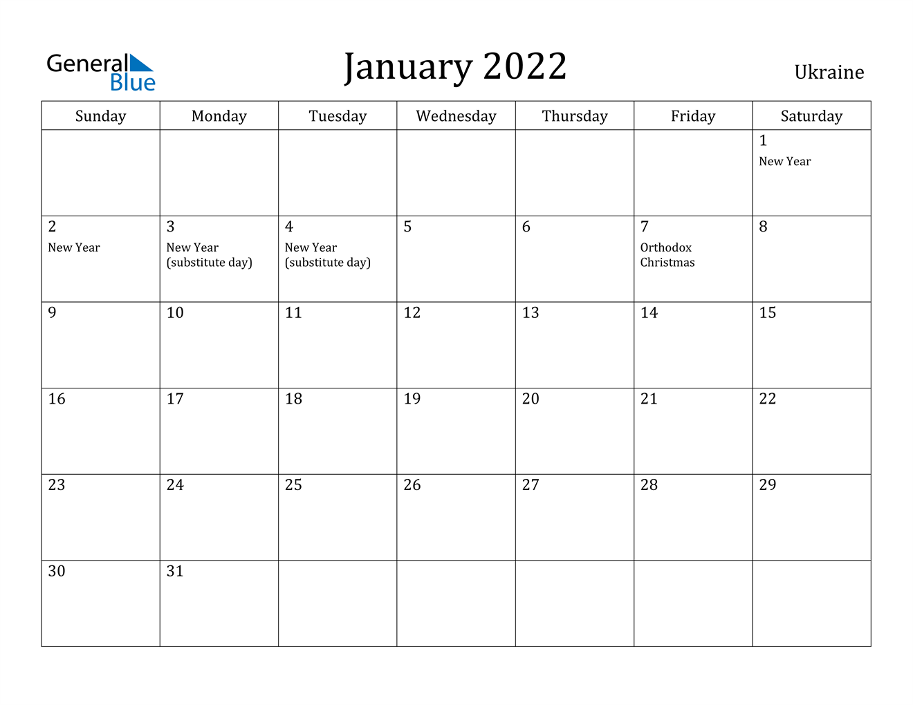 january 2022 calendar ukraine