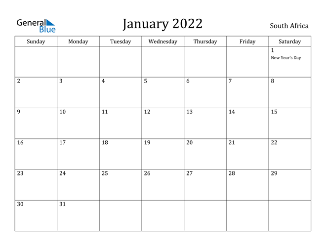 2019 January Calendar South Africa