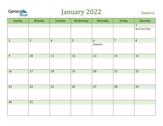 January 2022 Calendar with Andorra Holidays