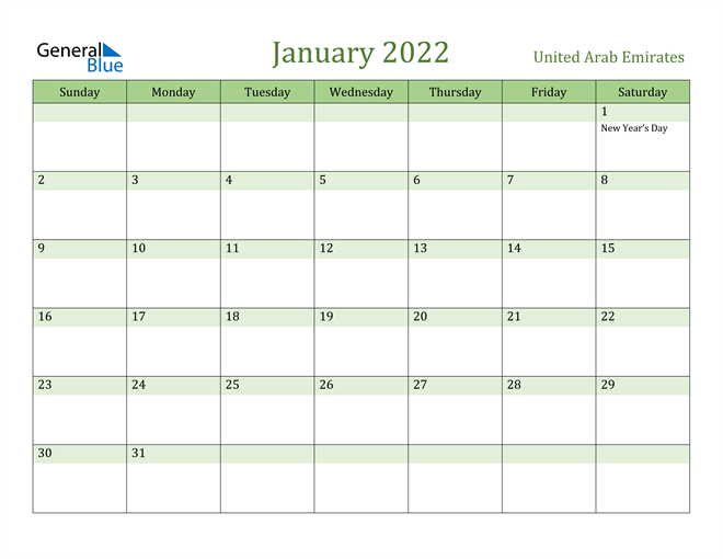 January 2022 Calendar with United Arab Emirates Holidays