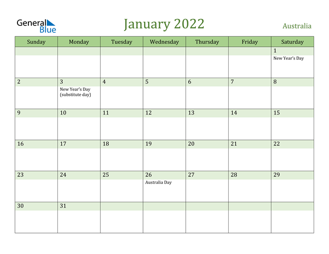 January 2022 Calendar with Australia Holidays