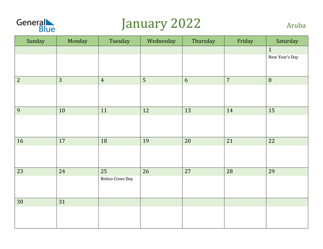 January 2022 Calendar with Aruba Holidays