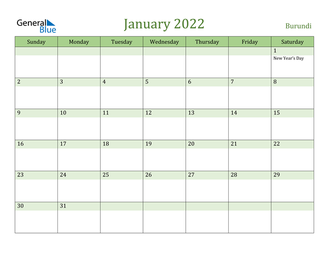 January 2022 Calendar with Burundi Holidays