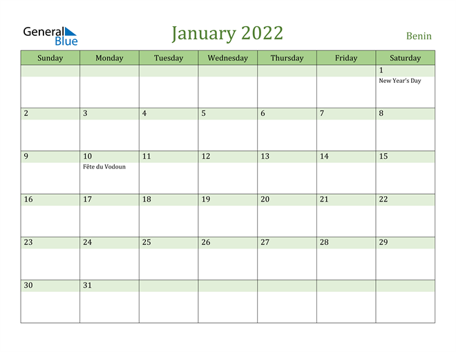 January 2022 Calendar with Benin Holidays