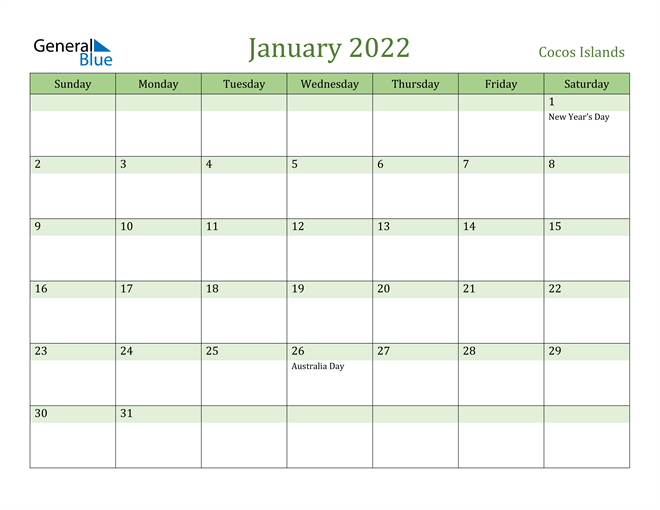 January 2022 Calendar with Cocos Islands Holidays