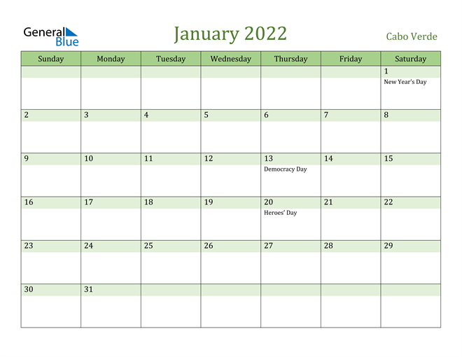 January 2022 Calendar with Cabo Verde Holidays