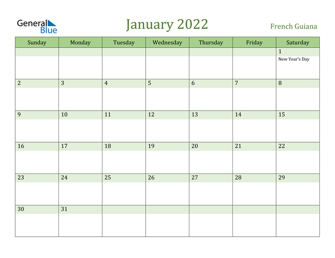 January 2022 Calendar with French Guiana Holidays