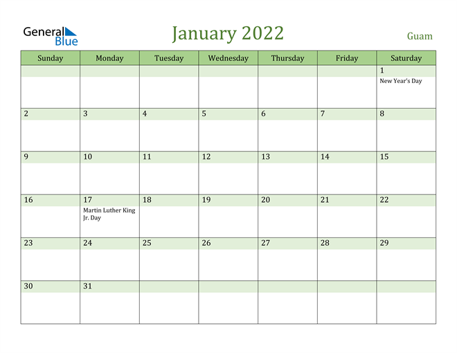 January 2022 Calendar with Guam Holidays