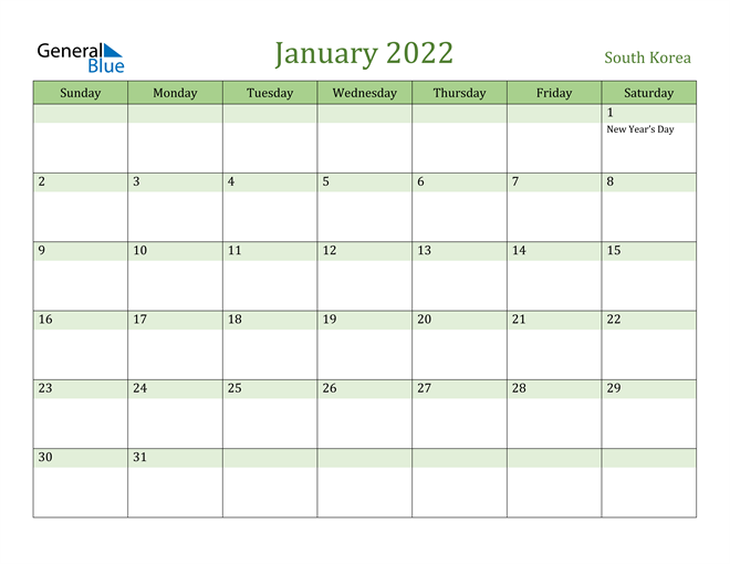 January 2022 Calendar with South Korea Holidays