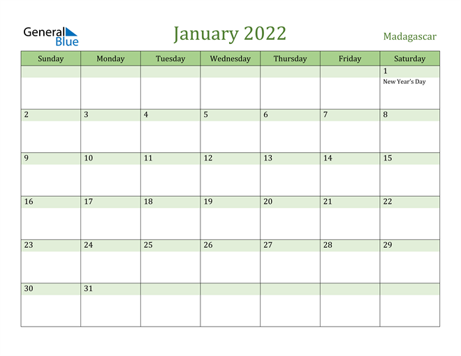 January 2022 Calendar with Madagascar Holidays