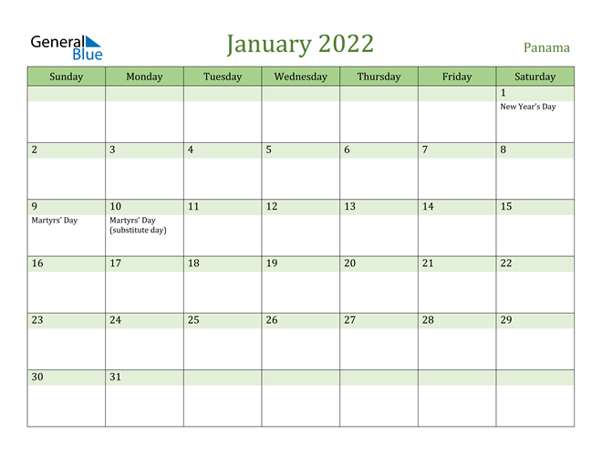 January 2022 Calendar with Panama Holidays