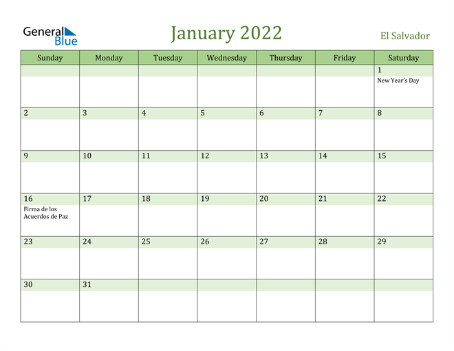 January 2022 Calendar with El Salvador Holidays