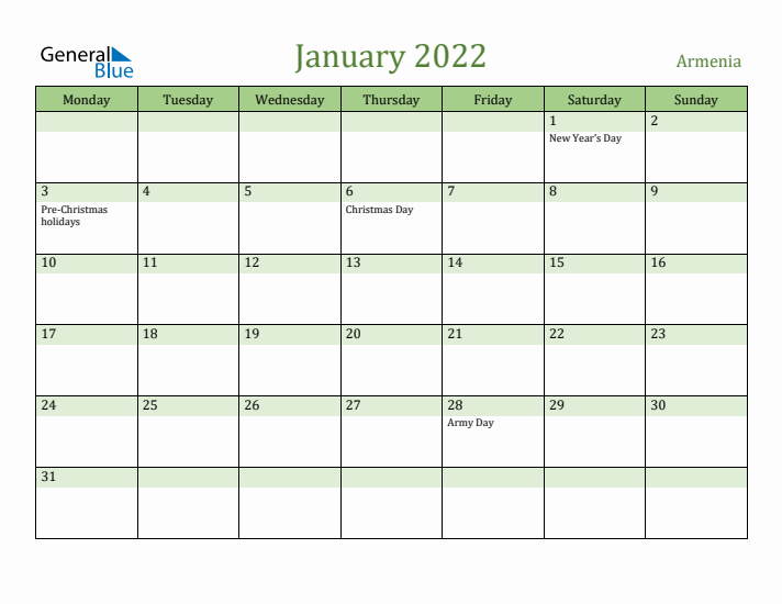 January 2022 Calendar with Armenia Holidays